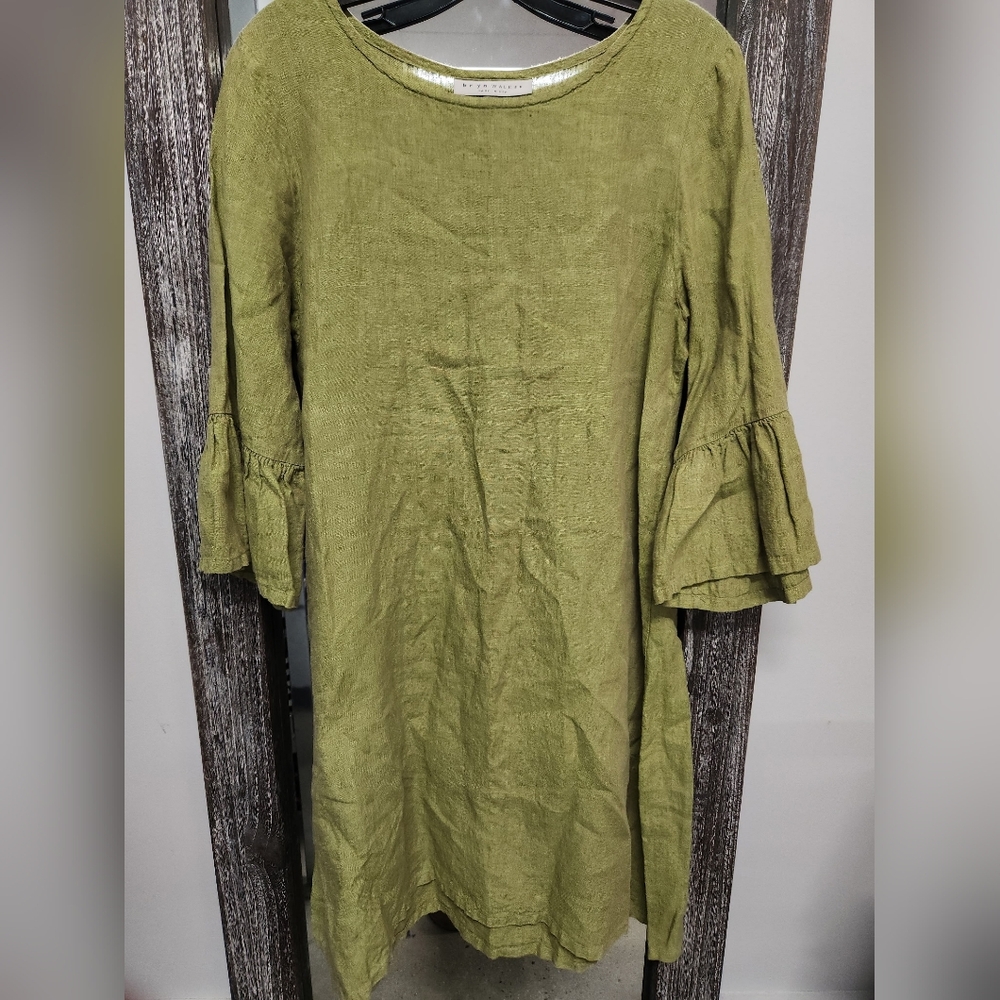 Bryn Walker Linen Dress Bell Sleeve Relaxed Boho Lagenlook Minimalist Sz Xs Grn